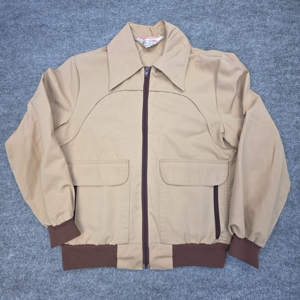 Vintage Bomber Jacket Mens Small Beige Chore Pocket Ribbed USA Sport
